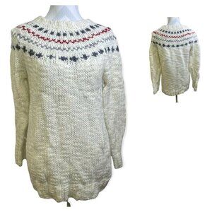 Women's Zara Knit Chunky Sweater White Gray Red Size Medium Crew Neck Pullover